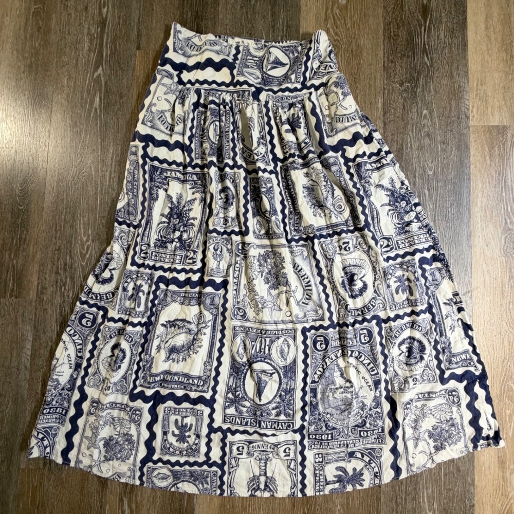 Artelier Nicole Miller Maxi Skirt Womens M Navy White Postage Stamp Print